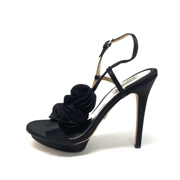 Badgley Mischka Black Satin Floral High Heel Sandals 10 Elegant Evening Shoes - Picture 1 of 8
